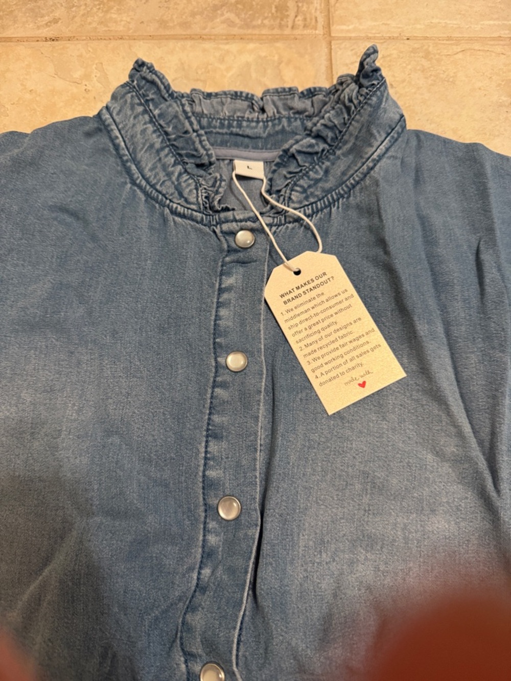 Women's Light Blue Denim Ruffle-Collar Button Front Top